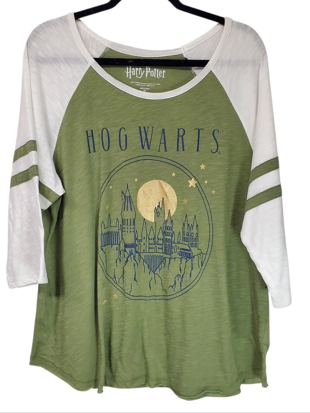 Harry Potter Hog Warts 3/4 Sleeve Raglan Tee Size XXL Whimsigoth Grunge Green